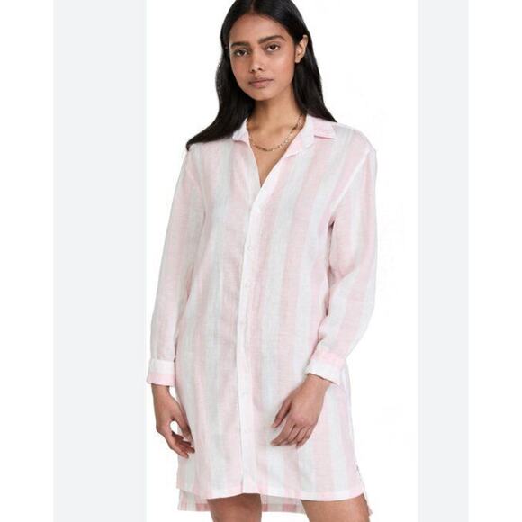 FRANK & EILEEN Sz S Small Pink White Stripe Hunter Linen Shirt Dress - Picture 1 of 10